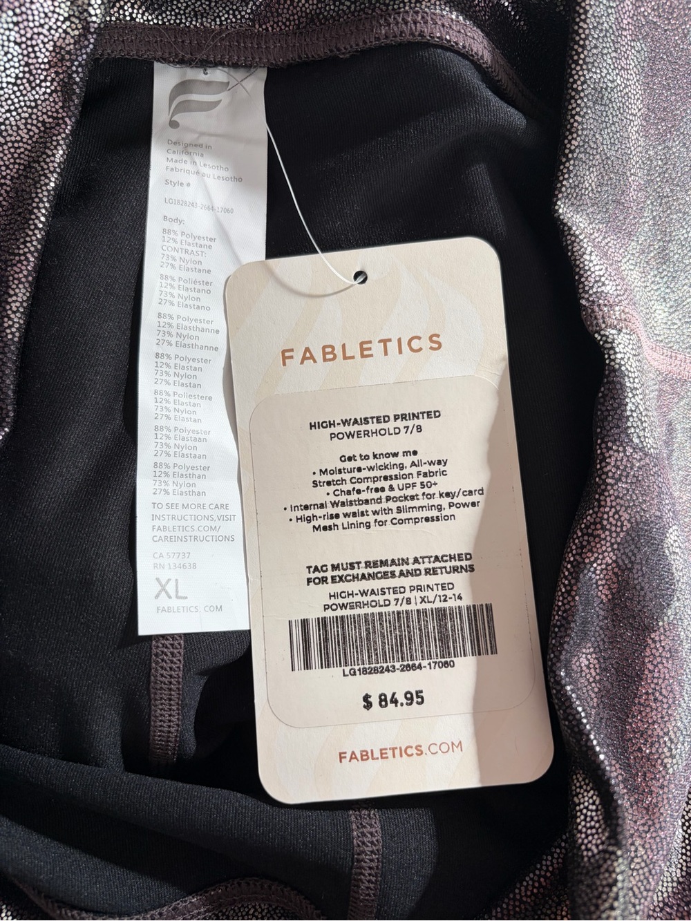 Fabletics Black and Metallic Purple Camo High-Waisted 7/8 Leggings